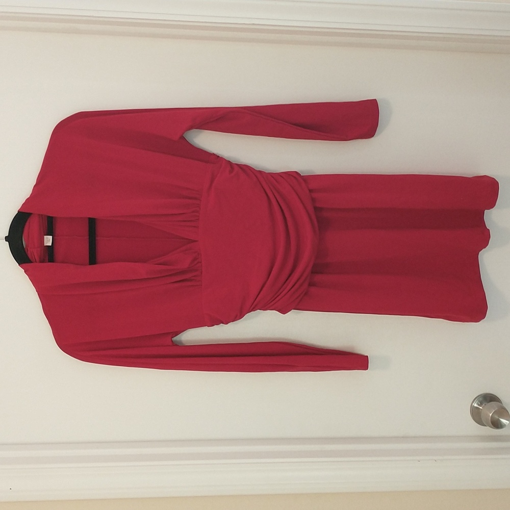 Boston proper red long sleeve runched vneck mini dress